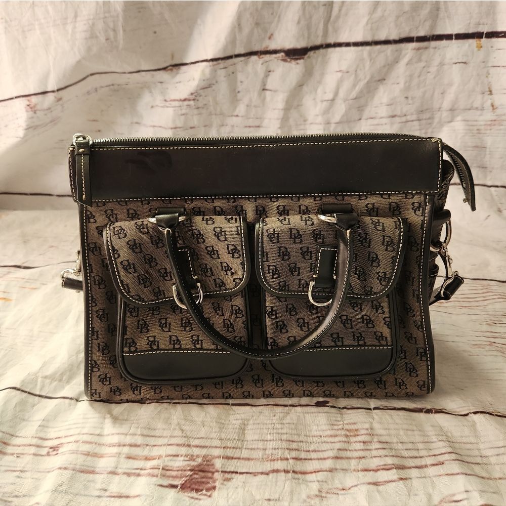 Dooney & Bourke Canvas and Leather Double Pocket Logo Satchel Tote
